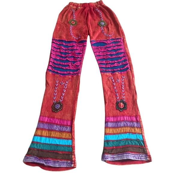 Y2K 90’s Groovy Hippie Pants Embroidered Patchwork Gypsy Colorful Sz S Flare - Picture 3 of 14